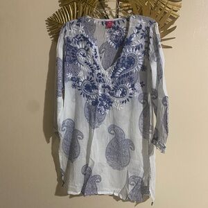 Raj White Tunic with Blue Paisley Design